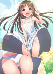 Rule 34 | 10s, 1girl, blush, bow, bow panties, brown hair, cameltoe, commentary request, covering privates, covering crotch, dress, embarrassed, gaichi, hair bow, idolmaster, idolmaster cinderella girls, long hair, multiple views, open mouth, panties, sundress, tachibana arisu, underwear, white dress, white panties, wind, wind lift