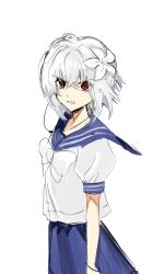 Rule 34 | 1girl, a certain high school uniform, accelerator (toaru majutsu no index), albino, ambiguous gender, androgynous, blue sailor collar, blue skirt, bow, clenched teeth, disgust, electrodes, flower, from side, furrowed brow, hair flower, hair ornament, highres, lily (flower), looking at viewer, pale skin, red eyes, sailor collar, school uniform, short hair, sketch, skirt, solo, standing, summer uniform, suzushina yuriko, teeth, toaru majutsu no index, upper body, white background, white bow, white hair, white skirt, yylol