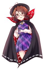 Rule 34 | 1girl, bow, brown eyes, brown hair, cape, clothes writing, glasses, gloves, hat, highres, looking down, low twintails, open mouth, plaid, red-framed eyewear, ribbon, school uniform, shirt, short hair, simple background, skirt, smile, solo, touhou, twintails, uranaishi (miraura), usami sumireko
