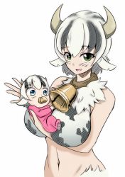 Rule 34 | 2girls, animal ears, animal print, artist request, baby, baby carry, bare shoulders, bell, black hair, blue eyes, breasts, carrying, collar, cow ears, cow girl, cow horns, cow print, cowbell, green eyes, holstaur (monster girl encyclopedia), horns, large breasts, monster girl, monster girl encyclopedia, mother and child, mother and daughter, motherly, multicolored hair, multiple girls, navel, neck bell, pacifier, parent and child, simple background, smile, source request, streaked hair, two-tone hair, white background, white hair