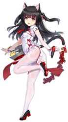 Rule 34 | 1girl, :d, allenes, alternate costume, animal ears, azur lane, black hair, breasts, cat ears, cat tail, elbow gloves, flower, from side, full body, gloves, hair flower, hair ornament, long hair, official art, open mouth, panties, pantyhose, ribbon, side-tie panties, side slit, small breasts, smile, solo, standing, standing on one leg, string panties, tail, tail ornament, tail ribbon, thighband pantyhose, thighs, torpedo, transparent background, two side up, underwear, white gloves, white pantyhose, yellow eyes, yuugure (azur lane), yuugure (twilight blossom) (azur lane)