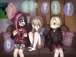 Rule 34 | 3girls, black collar, black hair, black hoodie, black shirt, black skirt, blonde hair, blue shirt, blush, brown eyes, brown hair, collar, collarbone, collared shirt, commentary, couch, covering own eyes, drawstring, eyepatch, facing another, fang, hair over one eye, hayasaka mirei, heart, highres, hood, hood down, hoodie, idolmaster, idolmaster cinderella girls, individuals (idolmaster), indoors, jacket, knees up, layered skirt, long sleeves, looking at another, morikubo nono, multicolored hair, multiple girls, no shoes, on couch, open mouth, pillow, plaid, pleated skirt, red hair, red jacket, red skirt, shirasaka koume, shirt, sitting, skirt, sleeves past fingers, sleeves past wrists, socks, streaked hair, translated, v-shaped eyebrows, white legwear, white skirt, yukie (kusaka shi)