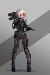 Rule 34 | 1girl, armor, assault rifle, belt, belt pouch, black bodysuit, bodysuit, commentary request, exoskeleton, full body, grey background, gun, harness, holding, holding gun, holding weapon, holster, looking at viewer, melnik, military, original, pouch, red eyes, rifle, science fiction, short hair, shoulder cannon, solo, standing, thigh holster, two-tone background, weapon, white hair