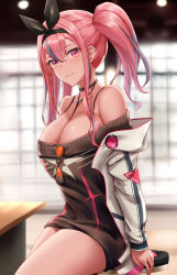 Rule 34 | 1girl, arm support, azur lane, bare shoulders, between breasts, black choker, black ribbon, black sweater, blurry, blurry background, bra strap, breasts, bremerton (azur lane), bremerton (day-off date) (azur lane), choker, cleavage, closed mouth, collarbone, commentary, cowboy shot, dress, ear piercing, eyewear hang, unworn eyewear, grey hair, hair between eyes, hair intakes, hair ornament, hair ribbon, highres, indoors, jacket, large breasts, long hair, looking at viewer, multicolored hair, naga (pixiv70891418), no mole, off-shoulder dress, off-shoulder sweater, off shoulder, official alternate costume, open clothes, orange-tinted eyewear, piercing, pink eyes, pink hair, ribbon, sidelocks, sitting, smile, solo, star (symbol), star print, stool, strap between breasts, streaked hair, sunglasses, sweater, sweater dress, table, tinted eyewear, twintails, two-tone hair, white jacket