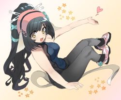 Rule 34 | 1girl, absurdly long hair, absurdres, animal ears, aquaplus, arm up, bare arms, bare shoulders, black hair, blush, breasts, cat tail, collarbone, feet, from above, from side, full body, gradient eyes, hair between eyes, hair ornament, high ponytail, highres, kuon (utawarerumono), kuon apprentice, long hair, looking at viewer, medium breasts, micon hnhn, multicolored eyes, open mouth, orange eyes, panties, pantyhose, pantyshot, ponytail, raised eyebrows, sandals, sidelocks, sitting, sleeveless, solo, swept bangs, tail, thick thighs, thighs, toned, toned female, underwear, utawarerumono, utawarerumono: itsuwari no kamen, utawarerumono: lost flag, variations, very long hair, wavy hair, white tail, yellow eyes