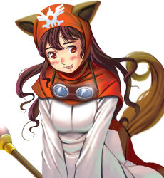 Rule 34 | 1girl, :p, animal ears, bandana, blush, chunsoft, closed mouth, dragon quest, dragon quest ii, enix, fox ears, fox tail, goggles, goggles around neck, kouno (masao), long hair, looking at viewer, princess of moonbrook, red eyes, simple background, solo, tail, tongue, tongue out, very long hair, white background