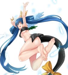 Rule 34 | 1girl, armpits, ass, asymmetrical wings, bare shoulders, barefoot, blue hair, bow, breasts, commentary request, dizzy (guilty gear), eiji (eiji), feet, foot focus, foreshortening, from below, guilty gear, hair bow, hair ribbon, large breasts, long hair, navel, red eyes, ribbon, soles, solo, tail, tail ornament, tail ribbon, toes, twintails, underboob, very long hair, wings
