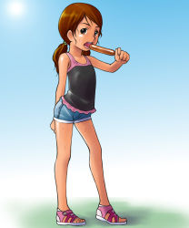 Rule 34 | 1girl, brown hair, female focus, full body, houman, outdoors, plant, ponytail, shorts, sky, solo, tagme