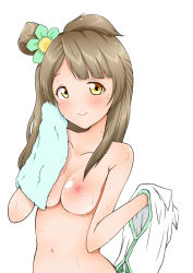 Rule 34 | 10s, 1girl, absurdres, blush, breasts, brown eyes, drying, flower, grey hair, hair flower, hair ornament, highres, holding, long hair, looking at viewer, love live!, love live! school idol project, medium breasts, minami kotori, navel, nipples, nise shelif, nude, side ponytail, simple background, smile, solo, standing, towel, wet, white background