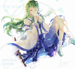 Rule 34 | 1girl, aqua footwear, bare shoulders, blue skirt, breasts, character name, chinese commentary, closed eyes, commentary request, dated, detached sleeves, english text, feet out of frame, frog hair ornament, green hair, hair ornament, hair tubes, hands up, interlocked fingers, knees up, kochiya sanae, loafers, long hair, long sleeves, medium breasts, own hands together, sa (roddorrod), shirt, shoes, sidelocks, signature, skirt, smile, snake hair ornament, solo, touhou, white background, white shirt, wide sleeves