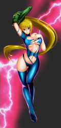 Rule 34 | &gt;:/, 1girl, :/, arm cannon, arm up, blonde hair, blue bodysuit, blue eyes, bodysuit, breasts, closed mouth, collarbone, full body, hair between eyes, high ponytail, highres, large breasts, legs together, long hair, looking at viewer, metroid, midriff, mole, mole under mouth, navel, nintendo, ponytail, samus aran, solo, stomach, sweat, thigh gap, torn bodysuit, torn clothes, tsurime, v-shaped eyebrows, very long hair, weapon, yashichii, zero suit