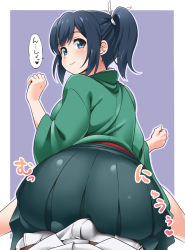 Rule 34 | 1boy, 1girl, ass, belt, blue eyes, blue hair, blush, bulge, buttjob, buttjob over clothes, closed mouth, erection, erection under clothes, from behind, green kimono, hakama, hakama short skirt, hakama skirt, japanese clothes, kantai collection, kimono, looking back, lying, on back, outline, pants, sitting, sitting on person, skirt, smile, souryuu (kancolle), sweatdrop, tight clothes, tight pants, translation request, twintails, white outline, youkan