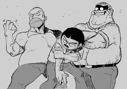 Rule 34 | 3boys, bald, belt, belt buckle, black hair, blouse, buckle, buttons, clenched teeth, crossed arms, crossover, eyebrows, facial hair, family guy, fat, glasses, glowing, glowing eyes, grey pants, greyscale, grin, highres, homer simpson, limited palette, male focus, manly, monochrome, multiple boys, muscular, mustache, pants, peter griffin, randy marsh, rariatto (ganguri), shaded face, shirt, short hair, sketch, sleeves rolled up, smile, south park, teeth, the simpsons, trait connection, veins, veiny arms, white shirt