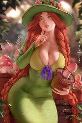 Rule 34 | 1girl, blurry, blurry background, braid, breasts, brown hair, cleavage, dress, flower, flower pot, green dress, green eyes, green hat, harry potter (series), hat, hat flower, hogwarts legacy, holding, holding flower pot, large breasts, leaning forward, lips, long hair, long sleeves, looking at viewer, low twin braids, mirabel garlick, olchas, solo, twin braids, very long hair, witch hat, wizarding world