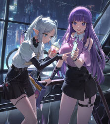 Rule 34 | 2girls, absurdres, black skirt, blue eyes, breasts, cup, cut bangs, detached sleeves, disposable cup, drinking straw, earrings, fern (sousou no frieren), frieren, grey hair, highres, holding, holding cup, jewelry, large breasts, layered shirt, long hair, multiple girls, pleated skirt, pointy ears, purple eyes, purple hair, skirt, sousou no frieren, straight hair, xzu