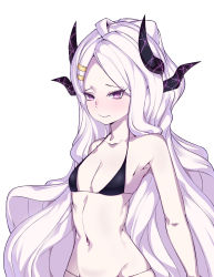 Rule 34 | 1girl, absurdres, bare shoulders, bikini, black bikini, blue archive, closed mouth, collarbone, flat chest, highres, hina (blue archive), horns, long hair, looking at viewer, navel, parted bangs, purple eyes, simple background, solo, swimsuit, tetsu chokoreto, upper body, white background, white hair
