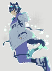 Rule 34 | 1boy, :3, animal ears, baggy clothes, black choker, black hair, choker, fang, from side, full body, hair over one eye, hands in pockets, highres, holostars, hood, hood down, hoodie, jackal boy, jackal ears, jackal tail, jumping, kageyama shien, looking at viewer, luma8b, male focus, midair, multicolored hair, short hair, simple background, skin fang, slit pupils, two-tone hair, virtual youtuber, white hair, white hoodie, yellow eyes