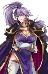 Rule 34 | armor, breasts, cape, cleavage, crossed arms, elbow gloves, fire emblem, fire emblem: genealogy of the holy war, fire emblem: thracia 776, fire emblem heroes, gloves, ishtar (fire emblem), large breasts, long hair, nintendo, pauldrons, ponytail, purple eyes, purple hair, rem (eyes 410), shoulder armor, simple background, solo, white background