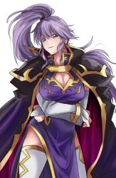 armor breasts cape cleavage crossed_arms elbow_gloves fire_emblem fire_emblem:_genealogy_of_the_holy_war fire_emblem:_thracia_776 fire_emblem_heroes gloves ishtar_(fire_emblem) large_breasts long_hair nintendo pauldrons ponytail purple_eyes purple_hair rem_(eyes_410) shoulder_armor simple_background solo white_background