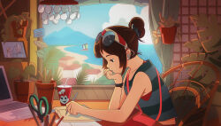 Rule 34 | 1girl, absurdres, alternate costume, bare arms, bare shoulders, black eyes, bracelet, brown hair, chair, computer, cup, day, disposable cup, drinking straw, earphones, from side, green shirt, hair bun, highres, holding, holding pen, indoors, jewelry, laptop, lofi girl, lofi girl (youtube), ocean, pen, photo (object), piropino, plant, potted plant, ring, scissors, shirt, single hair bun, sitting, striped clothes, striped shirt, table