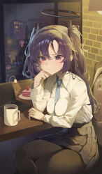 Rule 34 | 1girl, absurdres, black pantyhose, black skirt, blue archive, blue necktie, blush, cake, closed mouth, collared shirt, computer, cup, food, halo, highres, indoors, laptop, long hair, long sleeves, looking at viewer, mechanical halo, necktie, ninebell, pantyhose, pleated skirt, purple eyes, purple hair, shirt, sitting, skirt, solo, two side up, white shirt, yuuka (blue archive)
