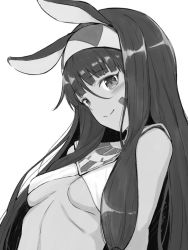 Rule 34 | 1girl, blush, bokokichi (you), breasts, closed mouth, dark-skinned female, dark skin, egyptian, egyptian clothes, fate/grand order, fate (series), greyscale, long hair, looking at viewer, monochrome, nitocris (fate), simple background, small breasts, smile, solo, upper body