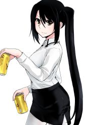 Rule 34 | 1girl, absurdly long hair, beer can, black hair, black skirt, brown eyes, can, commentary request, cowboy shot, dress shirt, drink can, kantai collection, katakata un, long hair, long sleeves, looking at viewer, nachi (kancolle), pantyhose, pencil skirt, shirt, side ponytail, simple background, skirt, solo, standing, very long hair, white background, white pantyhose, white shirt