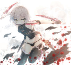 Rule 34 | 1girl, arm belt, bandaged arm, bandages, bare shoulders, battle, belt, black gloves, black panties, black thighhighs, blood, bloody weapon, blurry, blush, breasts, buckle, cleavage, cleavage cutout, clothing cutout, curvy, depth of field, dual wielding, eyebrows, eyelashes, fate/apocrypha, fate (series), female focus, fingerless gloves, gloves, groin, halterneck, highres, hikari niji, holding, holding knife, jack the ripper (fate/apocrypha), knife, looking at viewer, motion blur, mouth hold, no pants, outstretched arms, panties, purple footwear, scar, scar across eye, scar on face, shards, shoes, short hair, sleeveless, small breasts, solo, standing, standing on one leg, stitches, stomach, tattoo, thighhighs, thong, underwear, unsheathed, weapon, white hair, yellow eyes