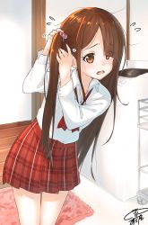 Rule 34 | 1girl, bathroom, blush, bow, bowtie, brown eyes, brown hair, carpet, commentary request, cowboy shot, d:, eyes visible through hair, fang, flying sweatdrops, hair bobbles, hair ornament, highres, indoors, leaning forward, long hair, long sleeves, open mouth, original, pleated skirt, red bow, red bowtie, red skirt, shirt, signature, skirt, solo, tying hair, very long hair, white shirt, yuki arare