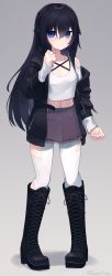 Rule 34 | 1girl, absurdres, black footwear, black hair, black jacket, blue eyes, boots, braid, closed mouth, commentary request, cross-laced footwear, frown, full body, grey background, hair between eyes, hand up, highres, jacket, lace-up boots, long hair, long sleeves, looking at viewer, miniskirt, navel, off shoulder, open clothes, open jacket, pantyhose, pigeon-toed, shirt, simple background, skirt, solo, standing, stitched neck, stitches, torn clothes, torn pantyhose, white pantyhose, white shirt, yoako
