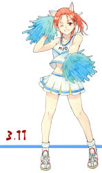 Rule 34 | 1girl, ;d, agahari, alternate costume, alternate hairstyle, animal ears, breasts, cheerleader, crop top, crop top overhang, dated, grin, hair ribbon, highres, long hair, midriff, minna-dietlinde wilcke, navel, one eye closed, open mouth, pom pom (cheerleading), ponytail, red eyes, red hair, ribbon, shoes, skirt, smile, sneakers, socks, solo, strike witches, traditional media, wink, wolf ears, world witches series