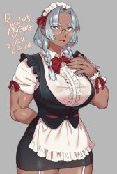 Rule 34 | 1girl, agawa ryou, apron, biceps, black skirt, black vest, bow, bowtie, braid, breasts, collared shirt, commentary, cowboy shot, dark-skinned female, dark skin, dated, dress shirt, english commentary, frilled apron, frills, garter straps, glasses, grey background, grey eyes, large breasts, long hair, looking at viewer, maid apron, maid headdress, muscular, muscular female, original, parted bangs, pencil skirt, red bow, red bowtie, red legwear, rimless eyewear, round eyewear, shirt, signature, silver hair, simple background, skirt, solo, thick thighs, thighs, twin braids, vest, waistcoat, white apron, white garter straps, wrist cuffs