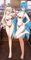 Rule 34 | 2girls, absurdres, alternate costume, azura (fire emblem), barefoot, bikini, blue hair, breasts, cafe, commentary, corrin (female) (fire emblem), corrin (fire emblem), english commentary, fire emblem, fire emblem fates, grey hair, hairband, highres, igni tion, long hair, looking at viewer, medium breasts, multiple girls, navel, nintendo, pointy ears, red eyes, swimsuit, very long hair, yellow eyes