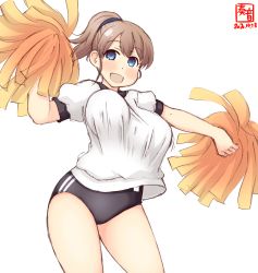 Rule 34 | 1girl, alternate costume, artist logo, black buruma, blue eyes, bouncing breasts, breasts, brown hair, buruma, cheering, commentary request, cowboy shot, dated, gym shirt, gym uniform, highres, holding, holding pom poms, intrepid (kancolle), kanon (kurogane knights), kantai collection, large breasts, looking at viewer, open mouth, pom pom (cheerleading), pom poms, ponytail, shirt, short hair, short sleeves, simple background, smile, solo, white background, white shirt