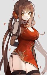 Rule 34 | 1girl, bad id, bad pixiv id, breasts, bridal gauntlets, brown eyes, brown hair, china dress, chinese clothes, cleavage, cleavage cutout, clothing cutout, cowboy shot, dress, dsr-50 (girls&#039; frontline), dsr-50 (red peony) (girls&#039; frontline), flower, garter straps, girls&#039; frontline, hair flower, hair ornament, large breasts, long hair, mid (gameshe), official alternate costume, panties, pantyshot, simple background, solo, standing, thighhighs, underwear