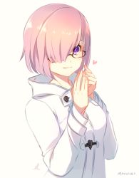 Rule 34 | 1girl, artist name, black-framed eyewear, coat, ebbilin, fate/grand order, fate (series), glasses, hair over breasts, hair over one eye, heart, long sleeves, looking at viewer, mash kyrielight, mash kyrielight (fgo x lawson), official alternate costume, pink hair, purple eyes, short hair, simple background, smile, solo, upper body, white background, white coat, winter clothes, winter coat