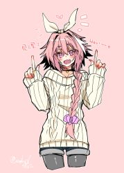 Rule 34 | 1boy, astolfo (fate), bare shoulders, black choker, braid, choker, fate/apocrypha, fate/grand order, fate (series), grey pantyhose, hair between eyes, hair intakes, hair ribbon, haoro, long hair, looking at viewer, male focus, multicolored hair, open mouth, pantyhose, pink background, pink hair, purple eyes, ribbon, shorts, simple background, single braid, solo, sweater, tagme, trap, white hair, white sweater