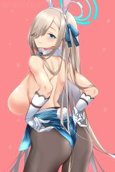 Rule 34 | 1girl, animal ears, ass, asuna (blue archive), asuna (bunny) (blue archive), blonde hair, blue archive, blue eyes, blue leotard, bow, bowtie, breasts, detached collar, fake animal ears, gloves, hair over one eye, hair ribbon, halo, highleg, highleg leotard, highres, large breasts, leotard, pantyhose, playboy bunny, rabbit ears, rapapa, ribbon, simple background, strapless, strapless leotard, swept bangs, topless