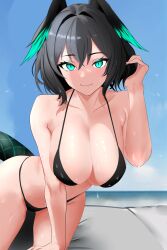 Rule 34 | 1girl, absurdres, aqua eyes, arknights, bare arms, bare shoulders, bikini, black bikini, black hair, blue sky, breasts, cleavage, closed mouth, collarbone, day, gladius pvp, head wings, highres, ho&#039;olheyak (arknights), large breasts, leaning forward, looking at viewer, outdoors, short hair, sky, smile, snake tail, solo, swimsuit, tail, wet, wings