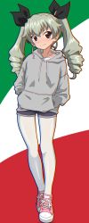 Rule 34 | 1girl, anchovy (girls und panzer), blue shorts, blush, brown eyes, closed mouth, drill hair, full body, girls und panzer, gogopaint, green hair, grey sweater, hair ornament, hair ribbon, hands in pockets, highres, italian flag, pantyhose under shorts, long hair, looking at viewer, pantyhose, ribbon, short shorts, shorts, smile, solo, standing, sweater, twin drills, twintails, white pantyhose