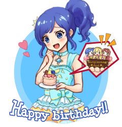 Rule 34 | 1girl, :d, aikatsu!, aikatsu! (series), bare arms, bare shoulders, birthday cake, blonde hair, blue background, blue choker, blue dress, blue eyes, blue hair, blush, brown hair, cake, character doll, character name, character request, choker, closed mouth, collarbone, dress, food, hand up, happy birthday, head tilt, heart, holding, holding plate, kiriya aoi, long hair, nuno (pppompon), open mouth, plate, side ponytail, sidelocks, sleeveless, sleeveless dress, smile, solid oval eyes, solo, two-tone background, white background