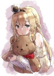 Rule 34 | 1girl, aruka, black hairband, blonde hair, braid, crown, doll, hugging doll, dress, french braid, green eyes, hairband, highres, kantai collection, long hair, looking at viewer, mini crown, hugging object, off-shoulder dress, off shoulder, one-hour drawing challenge, solo, stuffed animal, stuffed toy, teddy bear, upper body, warspite (kancolle), white dress
