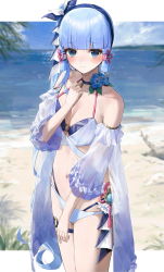 Rule 34 | 1girl, alternate costume, ayaka (genshin impact), bare shoulders, beach, blue choker, blue eyes, blue flower, blunt bangs, blunt tresses, blurry, blurry background, blush, breasts, choker, cleavage, closed mouth, cowboy shot, ebiri fy, flower, flower knot, frilled sleeves, frills, genshin impact, hair ribbon, halterneck, hand up, highres, legs together, long hair, looking at viewer, medium breasts, mole, mole under eye, navel, o-ring, ocean, open clothes, open shirt, ribbon, sand, see-through, see-through sleeves, short sleeves, solo, standing, stomach, thigh strap, tress ribbon, vision (genshin impact), white hair, wide sleeves