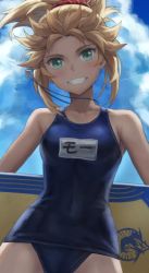 Rule 34 | 1girl, bare shoulders, blonde hair, blue one-piece swimsuit, blush, cloud, covered navel, cumulonimbus cloud, fate/grand order, fate (series), green eyes, grin, jewelry, looking at viewer, mordred (fate), name tag, necklace, one-piece swimsuit, ponytail, school swimsuit, simple background, smile, solo, standing, surfboard, swimsuit, tonee, white background