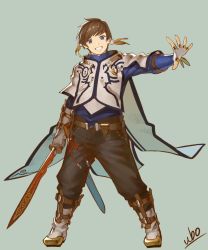 Rule 34 | 10s, 1boy, artist name, belt, boots, fingerless gloves, full body, gloves, green background, grin, looking at viewer, male focus, simple background, smile, solo, sorey (tales), sword, tales of (series), tales of zestiria, ubo (ubo tales), weapon