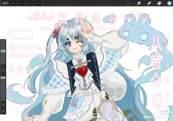 Rule 34 | 1girl, ;3, ascot, bad bcy id, bad id, blue capelet, blue hair, bow, brooch, cape, capelet, closed mouth, collar, collared dress, cowboy shot, cross brooch, dress, frilled collar, frills, ghost, hair bow, hair ornament, hairclip, hand on own head, heart, heart brooch, high collar, highres, jewelry, light blush, lolita fashion, long hair, one eye closed, one side up, original, pom pom (clothes), pom pom hair ornament, procreate (medium), procreate (software), purple eyes, red bow, sample watermark, smile, solo, striped bow, v, very long hair, watermark, white ascot, white dress, wo you ba mianbao kaohule, x hair ornament