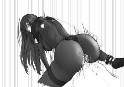 Rule 34 | 1girl, ass, black bodysuit, black hair, bodysuit, breasts, cowgirl position, crotchless, from behind, gantz, gantz suit, girl on top, highres, huge ass, iwao178, legs, long hair, looking back, lying, monochrome, motion lines, no panties, sex, shimohira reika, simple background, solo focus, speed lines, straddling, thighs, torn clothes, uncensored, vaginal, white background, white eyes