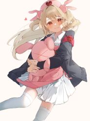 Rule 34 | &gt; &lt;, 1girl, apron, armband, black jacket, blonde hair, blush, center frills, closed mouth, collared dress, commentary, dress, frills, hair ornament, hat, heart, heart print, higa (gominami), highres, holding, holding stuffed toy, hugging object, jacket, long hair, long sleeves, looking at viewer, natori sana, nurse cap, open clothes, open jacket, pink apron, pink hat, pocket, rabbit hair ornament, red armband, red eyes, safety pin, sana channel, smile, solo, stuffed animal, stuffed rabbit, stuffed toy, symbol-only commentary, thighhighs, two side up, virtual youtuber, white dress, white thighhighs