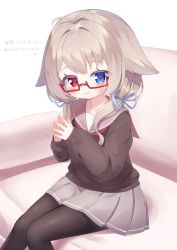 Rule 34 | 1girl, antenna hair, black pantyhose, black sweater, blue eyes, blue ribbon, blush, brown hair, brown sailor collar, closed mouth, commentary request, couch, feet out of frame, glasses, grey skirt, hair over shoulder, hair ribbon, heterochromia, highres, kokone (coconeeeco), long hair, long sleeves, looking at viewer, low twintails, on couch, original, pantyhose, pleated skirt, puffy long sleeves, puffy sleeves, red-framed eyewear, red eyes, ribbon, sailor collar, semi-rimless eyewear, sitting, skirt, sleeves past wrists, smile, solo, steepled fingers, sweater, translation request, twintails, under-rim eyewear, white background, yukino ko (yukino shiratama)