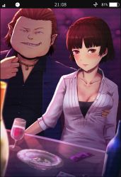 Rule 34 | 10s, 1boy, 1girl, age difference, alcohol, ashtray, atlus, blunt bangs, blush, braid, grabbing another&#039;s breast, breasts, brown hair, champagne, cleavage, collarbone, collared shirt, commentary request, condom, condom packet strip, condom wrapper, cup, drinking glass, fat, fat man, grabbing, grin, groping, half-closed eyes, hand gesture, handjob, highres, implied handjob, jewelry, kaneshiro junya, looking at viewer, mafia, masturbation, medium breasts, necklace, niijima makoto, older man and younger girl, orange hair, persona, persona 5, phone, fake phone screenshot, pill, red eyes, school uniform, sega, shiro (maple syrup9), shirt, short hair, sitting, smile, smirk, sweat, table, taking picture, unbuttoned, under table, wine, wine glass